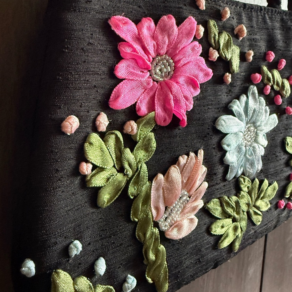 Vintage Fiorucci Black Floral Embroidered Handbag - Picture 2 of 7